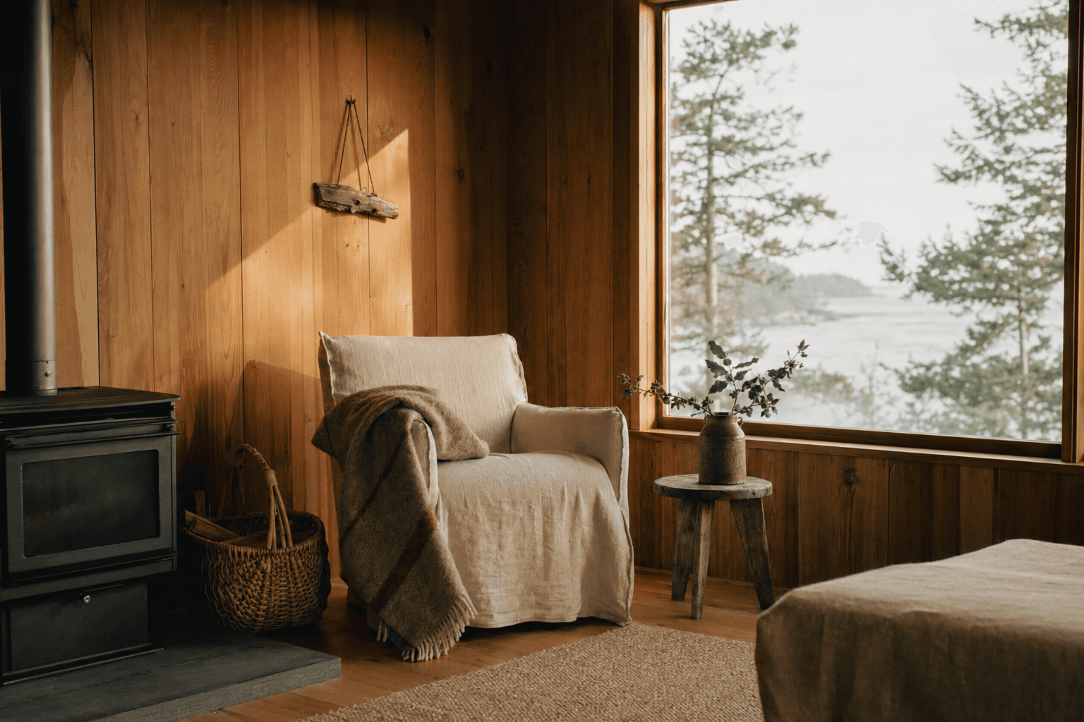 A warm corner of a Pacific Northwest cabin.