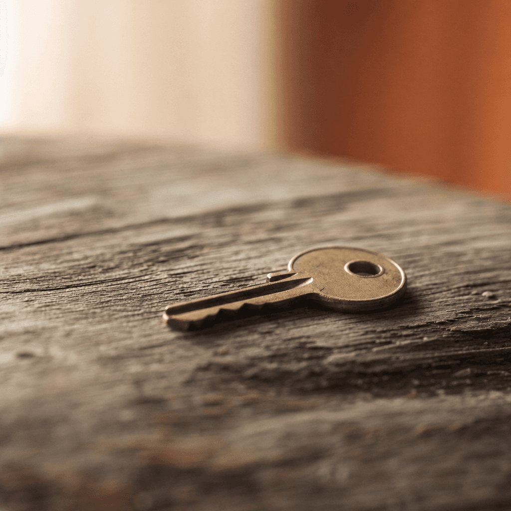 A house key on weathered cedar.