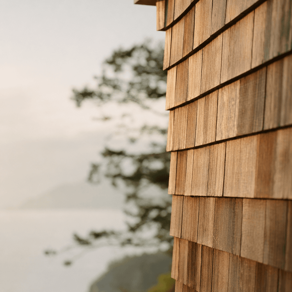 Weathered cedar shingles on a Vancouver Island cabin.
